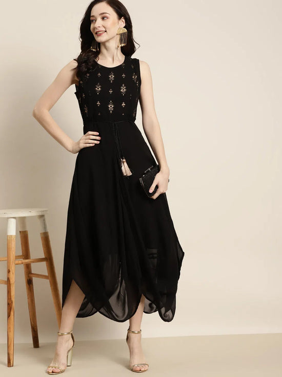 Women Black Sleeveless Foil Dhoti Dress