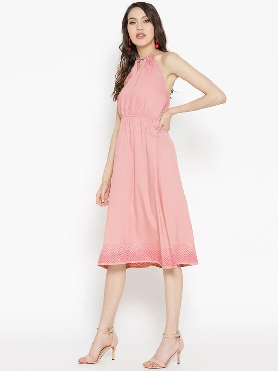 braid neck halter midi dress in Dusty Pink