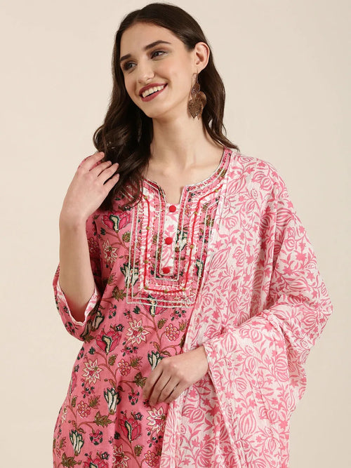 Women Pink Floral Kurta Set-RJF-027-Pink