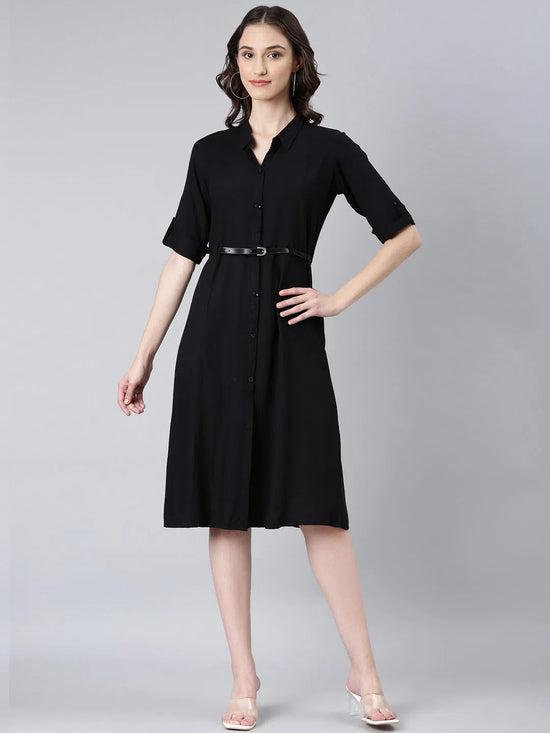 Women Black Solid Shirt Dress-DF-1508-Black