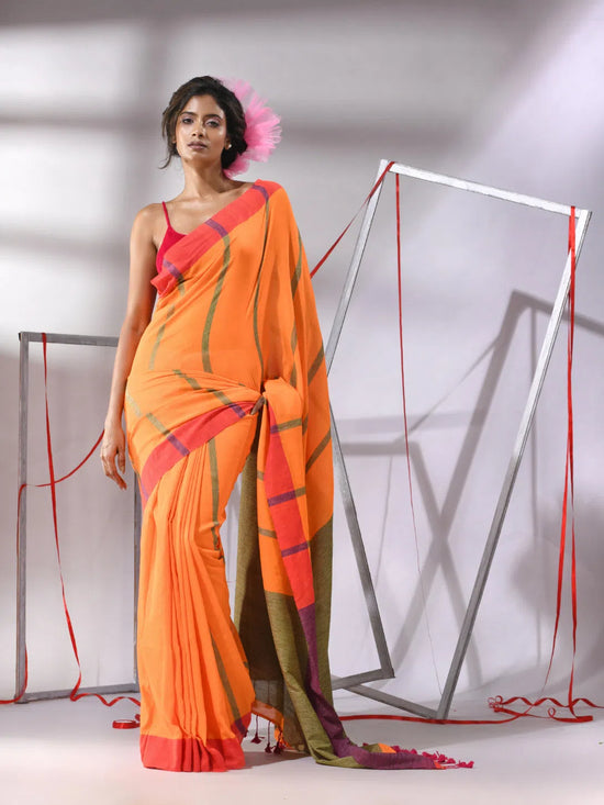 Orange Cotton Saree With Stripes Designs-MA55CT06520060