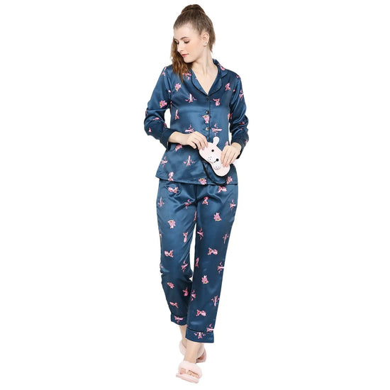 Smarty Pants Women's Silk Satin Teal Blue Color Pink Panther Print Full Sleeves Night Suit