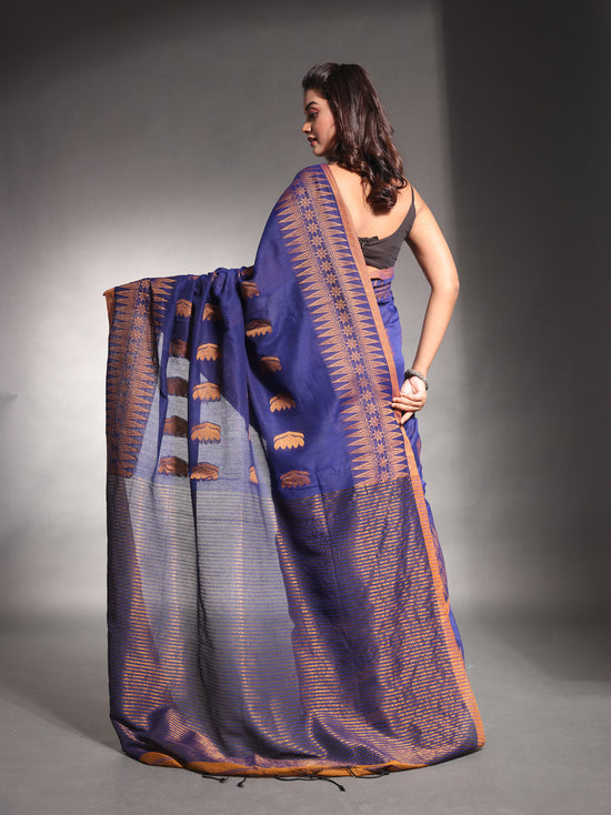 Blue Pure Cotton Saree With Temple Border-MA54CT33550076