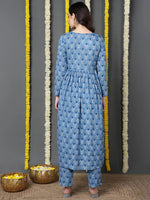 Ahika Women Blue Cotton Printed Anarkali Kurta Pant Set