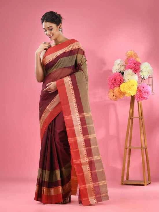 Maroon Pure Cotton Tant Saree With Temple Border-MA51TT43430059