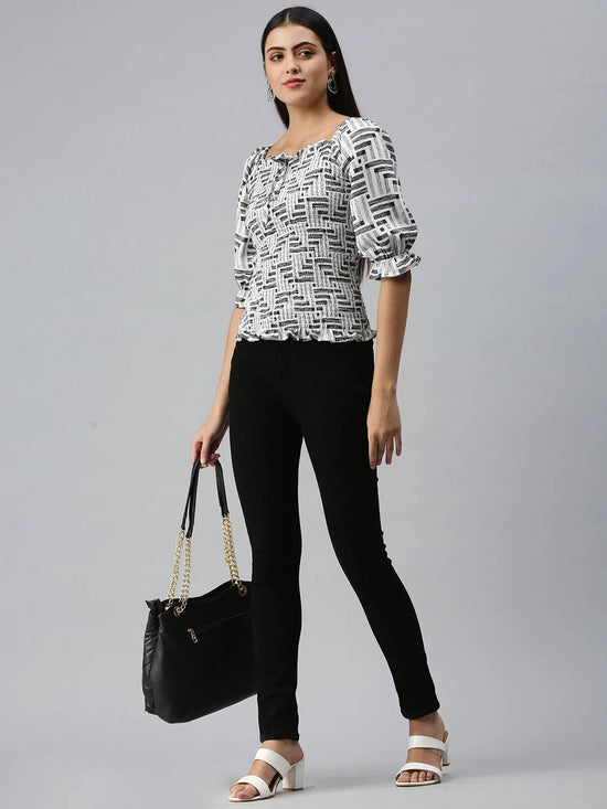 Women's Printed White Top-AE-10275-Whiteblack