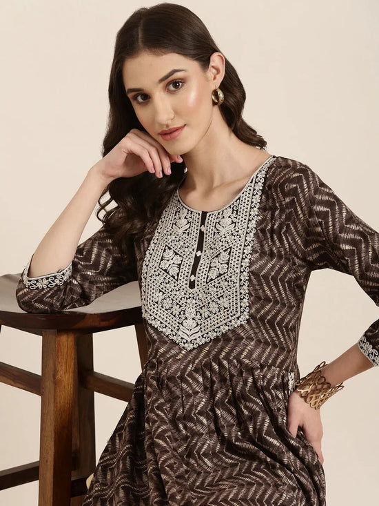 Women Taupe Printed Anarkali Kurta-SNG-7292-Taupe