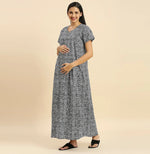 MomToBe Ethnic Motifs Printed Pure Cotton Maxi Maternity Nightdress-2021mtbblkprntfn-Free