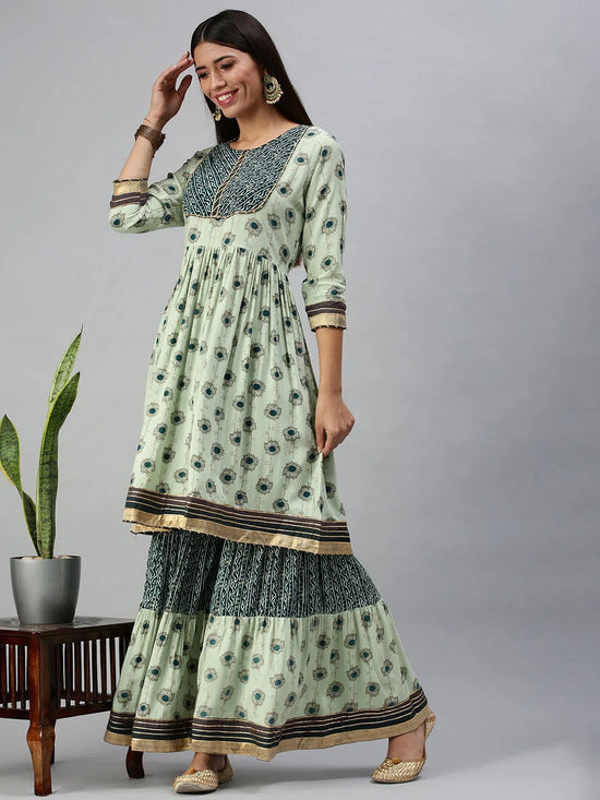 Women's Green Printed Kurta Sets-FS2349-Green