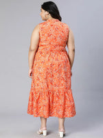 Plus Orange Flower Polyester Print V-Neck Dress