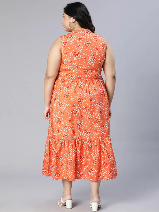 Plus Orange Flower Polyester Print V-Neck Dress