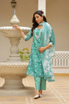 Vaasva Women Green Linen Kurta Embroidered Kurta Set With Solid Pants & Dupatta-132-Vaas-Green