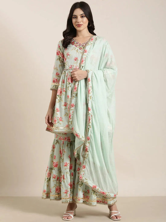 Women Anarkali Sea Green Floral Kurti and Sharara Set Comes With Dupatta-TF-131-Seagreen