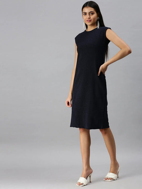 Women Navy Blue Solid A-Line Dress-AE-9882-Navyblue