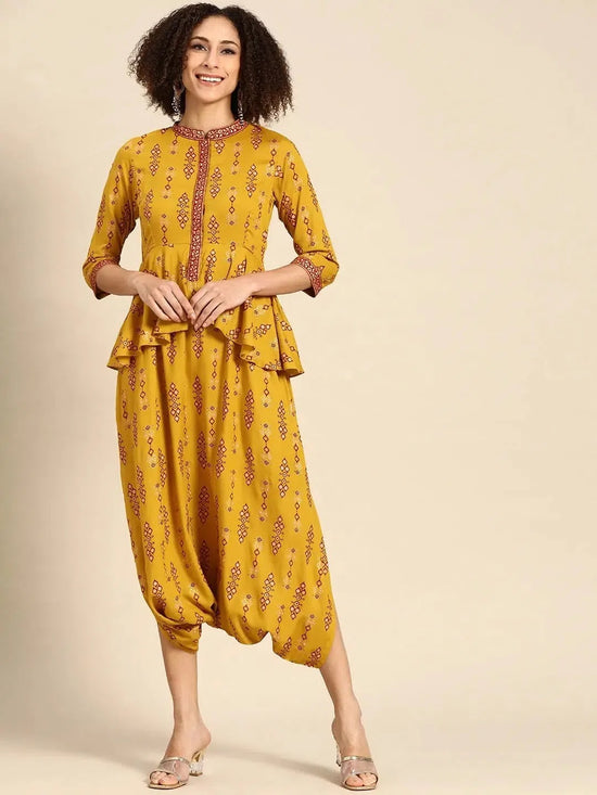 Peplum with dhoti Jumpsuit in Mustard Print