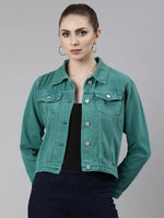 Women Turquoise Blue Solid Denim Jacket-GZ-5598-Turquoiseblue