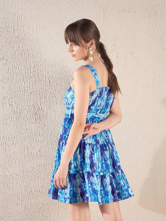 Women Blue Brushstroke Printed Belted Short Dress