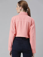 Women Coral Solid Denim Jacket-GZ-5600-Coral