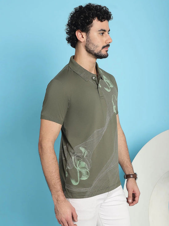 Venitian Men All Over Printed Olive Cotton Polo Neck T-Shirt