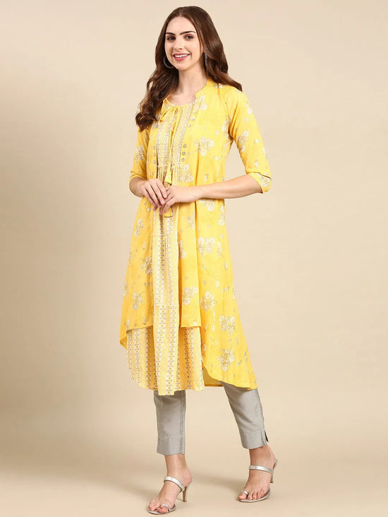 Women's Yellow Printed Anarkali Kurta-KG-9001-Yellow