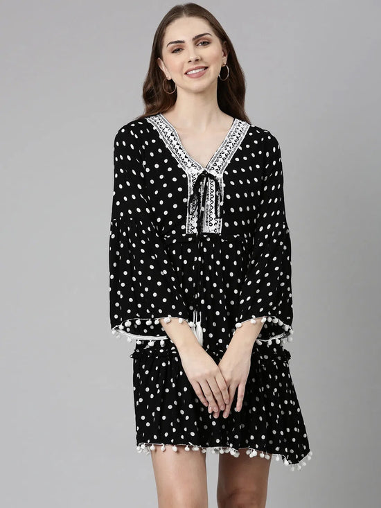 Women Black Printed Fit and Flare Dress-HQ-052-Black