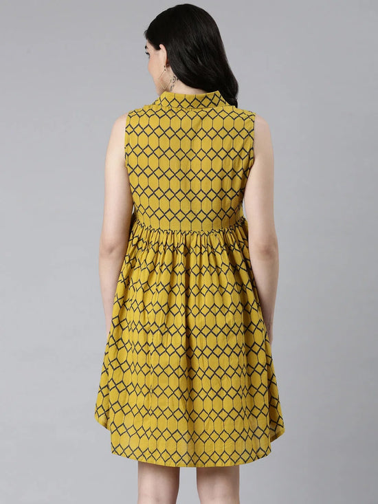 Women Mustard Geometrical A-Line Dress-RE-166-Mustard