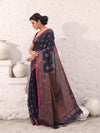 Blue Cotton Saree With Damask Motifs And Zari Border-MA54BCT04940051