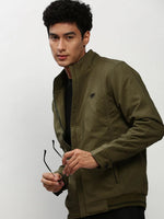 Men Green Solid Casual Bomber Jackets-ZD-3701-Olive