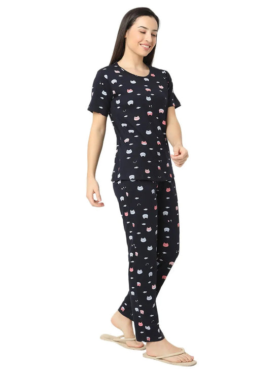 Smarty Pants Women's Cotton Lycra Navy Blue Color Printed Night Suit