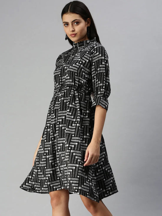 Women's Black Geometric A-Line Dress-AE-9924-Blackwhite