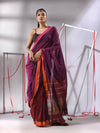 Magenta Patli-Pallu Cotton Saree With Stripes Zari Borders-MA55CT06520104