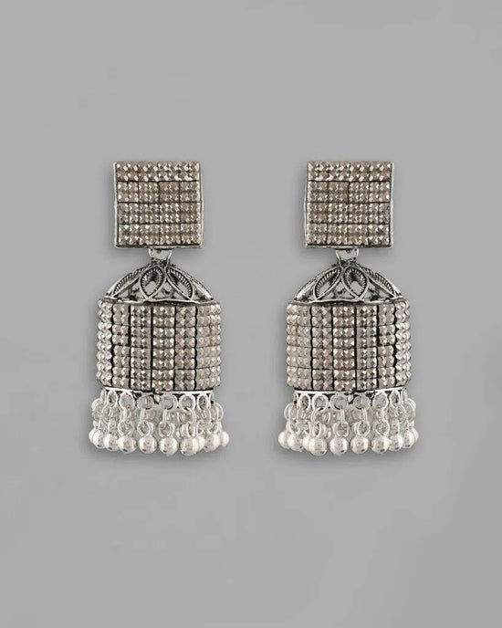 Black-Toned AD Studded Square Dome Shaped Jhumka Earrings-VOJ277