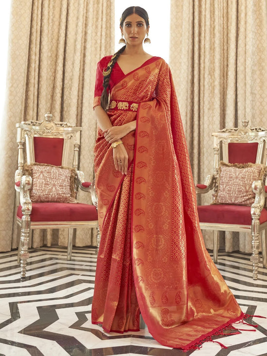 Saree Mall Women's  Blend Red Woven Design Handloom Saree With Blouse Piece-KABHA204001