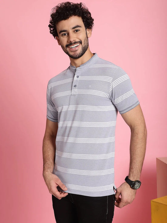 Venitian Men Henley Neck Striped Cotton Light Grey T-Shirt