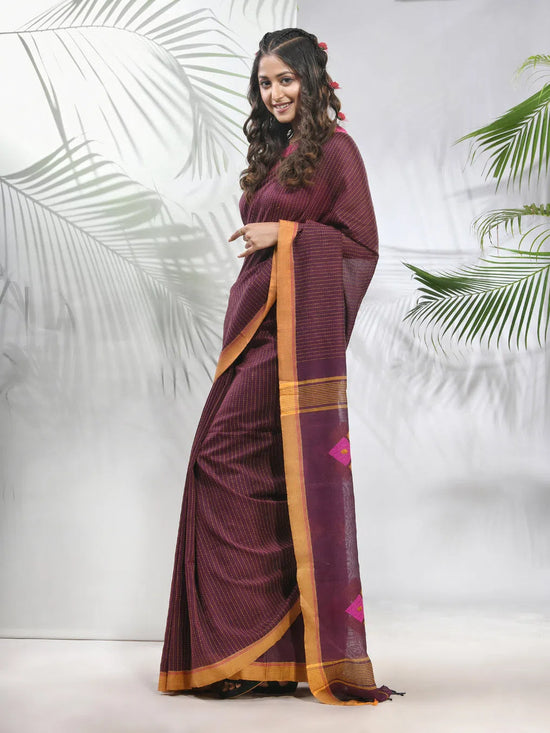 Brown Cotton Saree With Stripes Pattern-MA56CH33880046