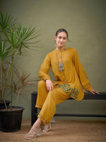 Women Mustard Hem Embroidered Shirt With Palazzos