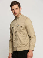 Men Beige Mock Collar Solid Tailored Jacket-SO-21-Beige