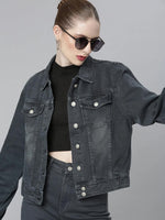 Women Grey Solid Denim Jacket-IM-10700-Grey