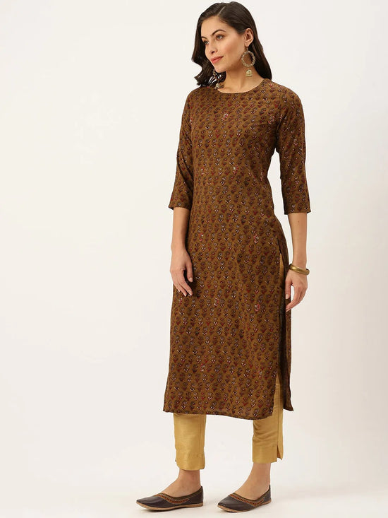 Women's Brown Printed Straight Kurtas-GW-2442-Brown