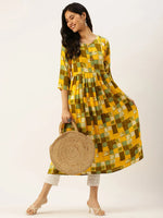 Women's Yellow Printed A-Line Kurtas-ON-535-Yellow