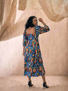 Women Blue Ikat Front Button Self Belt Tiered Midi Dress