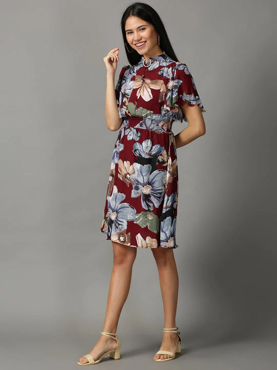 Women's Maroon Printed Fit and Flare Dress-AE-15741-Maroon