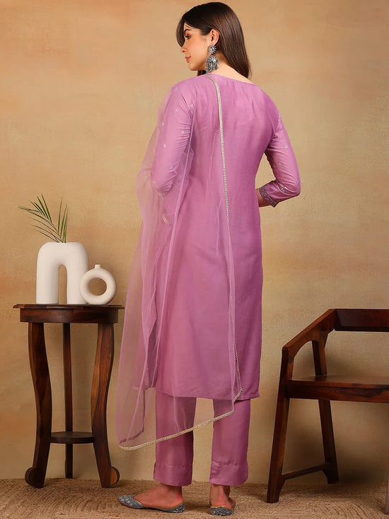 Ahika Women Lavender Silk Blend Embroidered Straight Kurta Pant Set With Dupatta-PKSKD2310_XS