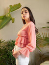 Women Peach Dobby Layered Hem Peplum Top