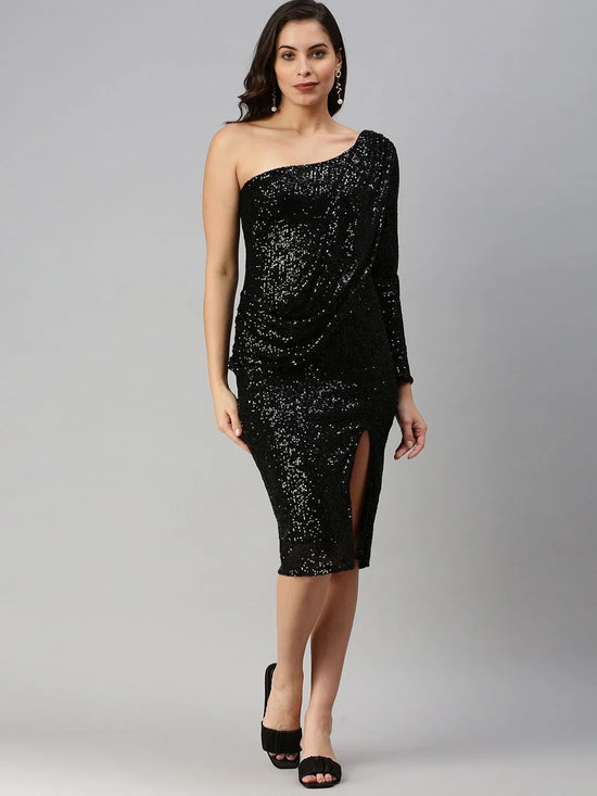 Women's Embellished Black Bodycon Dress-AJ-202-Black