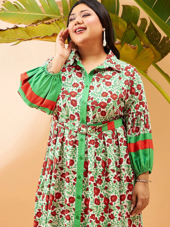 Women Green Floral Belted Midi Shirt Dress