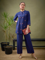 Women Royal Blue All Over Embroidered Shirt With Palazzos