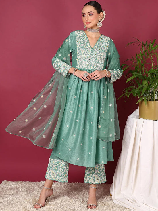 Ahika Women Sea Green Silk Blend Solid Yoke Design Anarkali Kurta Palazzos With Dupatta