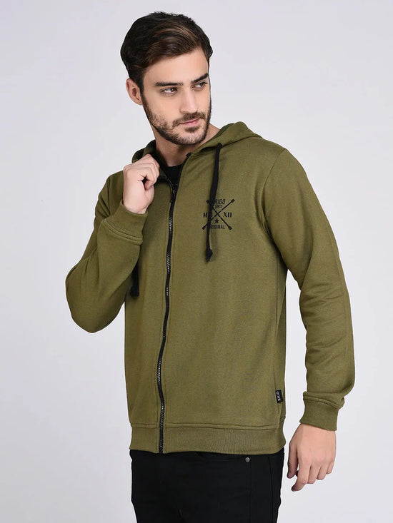 Rigo Olive Green Fleece Hooded With Front Zip Open Sweatshirt-Full