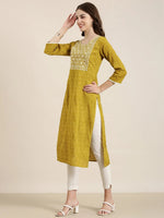 Women Mustard Geometrical Straight Kurta-AT-A1080-K-Mustard